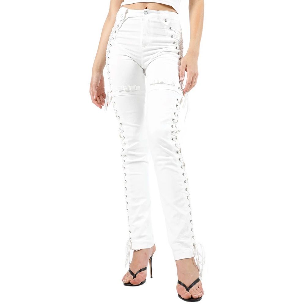 I.AM.GIA Holly Pant, White lace up denim, women’s size S, stretch fabric